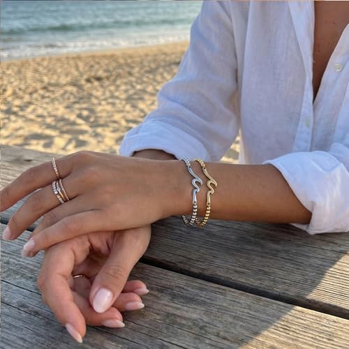 Wave Bar Stainless Steel Bead Bracelets Set, Gold and Silver Tone Stretch Minimalist Jewelry for Women and Men