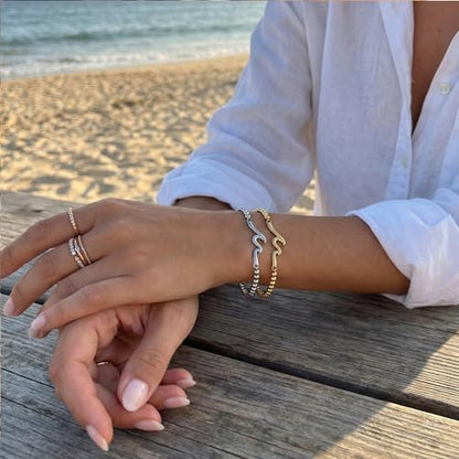 Wave Bar Stainless Steel Bead Bracelets Set, Gold and Silver Tone Stretch Minimalist Jewelry for Women and Men