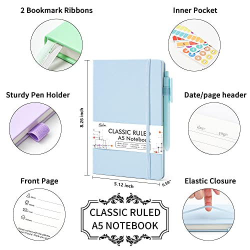feela 3 Pack Hardcover Notebook For Women, Classic Ruled Lined Journal Set School Business Supplies, with 3 Black Pens, 120 GSM, 5.1”x8.3”, A5, Pastel Colors, Light Blue, Light Purple, Light Green - color: Light Blue, Light Purple, Light Green