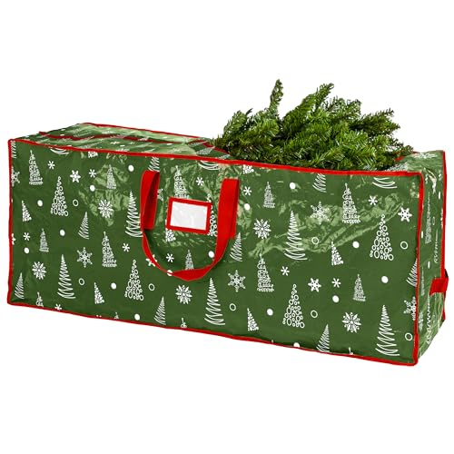 Christmas Tree Storage Bag - Stores 9 Foot Artificial Xmas Holiday Tree, Zippered Bag, Durable Waterproof Material, Carry Handles - Protects Against Dust, Insects and Moisture (Green Printed) - color: Green Pattern, size: 9 ft.