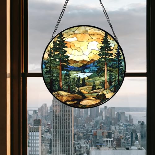 Stained Glass Window Hanging Forest Lake Mountain Sunset 7.8" - Suncatcher Door Garden Sunroom Sun Catcher Home Decor Birthday Christmas for Mom Men Woman Nana Friend