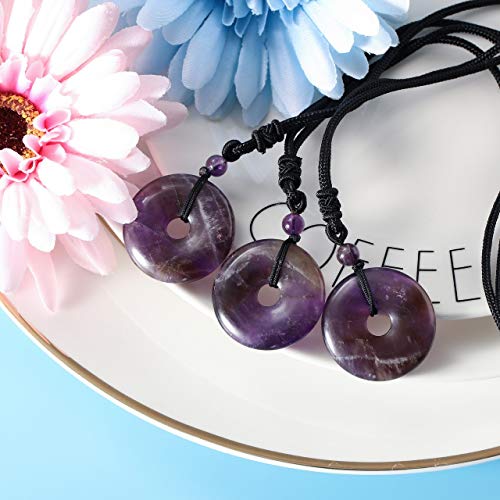 Jovivi 30mm Circle Donut Healing Crystals Necklace Natural Semi-Precious Chakra Gemstone Stone Amulet Lucky Coin Donuts Charm Protection Quartz Reiki Pendant Necklace for Men Women Adjustable Rope - color: Amethyst Crystal