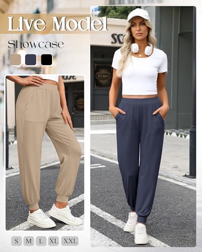 3 Pack Women's Lounge Pants Yoga High Waist Sweatpants Workout Lightweight Casual Joggers Comfy Pajama with Pockets - color: Black, Charcoal Gray, Khaki, size: X-Large