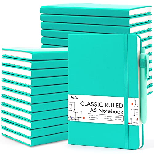 feela 24 Pack Journal Notebook Bulk for Work, Business Notebook Hardcover Lined Writing Journal with Pen Holder for Men Women Note Taking, with 24 Black Pens, 120 GSM, 5.1”x8.3”, A5, Aqua - color: 24 Aqua