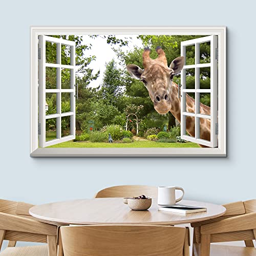wall26 Canvas Print Wall Art Window View 3D Giraffe Illusion in Forest Nature Wilderness Photography Modern Art Rustic Scenic Colorful Ultra for Living Room, Bedroom, Office - 24"x36"