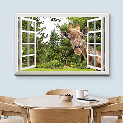 wall26 Canvas Print Wall Art Window View 3D Giraffe Illusion in Forest Nature Wilderness Photography Modern Art Rustic Scenic Colorful Ultra for Living Room, Bedroom, Office - 24"x36"