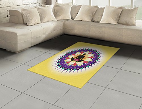 Ambesonne Yoga Area Rug, Round Circle for Yoga Lotus Sitting Posture Peaceful Mind Workout Print, Flat Woven Accent Rug for Living Room Bedroom Dining Room, 4' X 5' 7", Yellow Purple Black