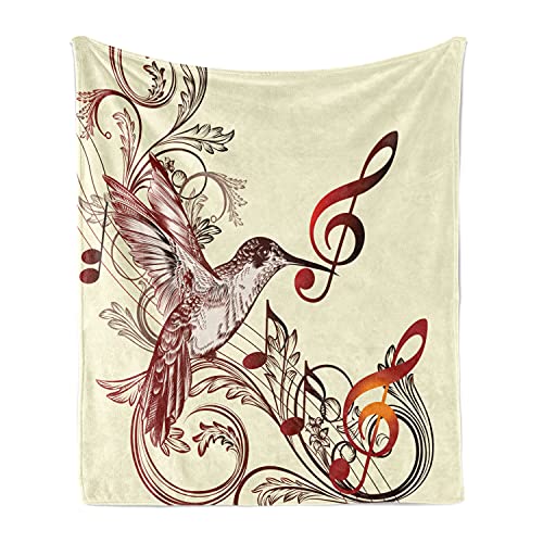 Lunarable Hummingbirds Soft Flannel Fleece Throw Blanket, Flying Bird Musical Notes Clef Musical Ornate Design, Cozy Plush for Indoor and Outdoor Use, 50" x 60", Black Ivory - color: Black Ivory, size: 50" x 60"