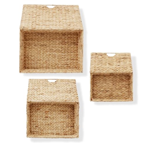 Casafield Set of 3 Water Hyacinth Rectangular Storage Baskets with Lids (Natural - Small/Medium/Large) for Bedroom, Bathroom, Laundry, Home Office