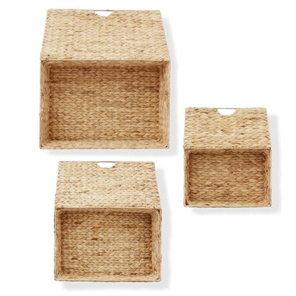 Casafield Set of 3 Water Hyacinth Rectangular Storage Baskets with Lids (Natural - Small/Medium/Large) for Bedroom, Bathroom, Laundry, Home Office