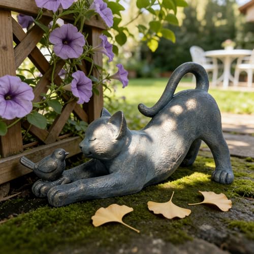 Cat Garden Statues Outdoor Cat-Figurines - Home Garden Decor 16 x 6 x 9.5 inch Resin Cats & Bird Playing Sculpture Statue for Farmhouse Outside Backyard Lawn Gift for Kitten Lovers Newman House Studio - color: Cat With Bird