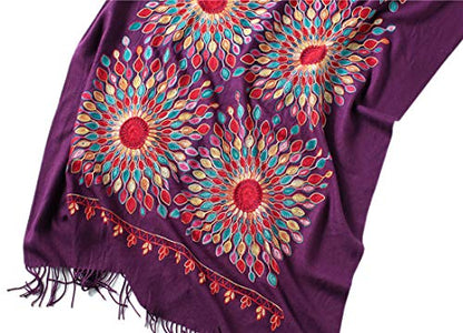Urban CoCo Women's Embroidered Oversize Tassel Shawl Scarf Wraps for Women - color: Purple