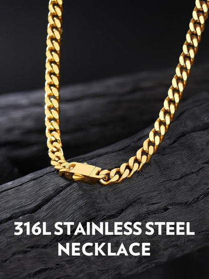 Bandmax Mens Stainless Steel Chain Necklaces 5MM/7MM/9MM/12MM Chunky Miami Cuban Link Chain Necklace Silver/Gold Plated/Black Chains for Men 18"-30" - color: 02 5MM-14K Gold Plated, size: 22 Inch (56cm, Pop Choice)