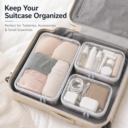 3-Pack Clear Hard Shell Zipper Cases, Crush-Proof Transparent TSA Approved Organizer Bags for Makeup, Cosmetics, Toiletry, Diaper, Toys, Tech & Art Supplies Small Medium Large