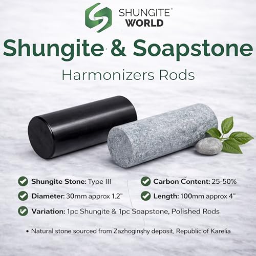Shungite World 2 pcs Authentic Shungite and Soapstone Harmonizers Cylinders Set Chakra Healing Crystals for Grounding Shungite Stones for Meditation Magnetic Therapy Negative Energy Protection