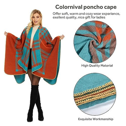 Shawl Wraps for Women, Elegant Knitted Cape Open Front Poncho Scarf Blanket Cardigan Coat for Spring, Autumn, and Winter - color: Orange Blue