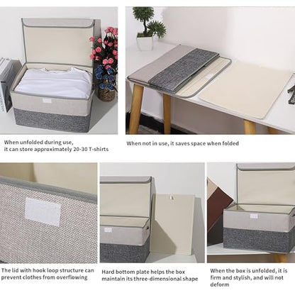 27 L Cotton Linen Foldable Storage Box with Lid - 15.75"x10.63"x9.84"- Durable Collapsible Organizer for Bedroom, Living Room, Kids' Room, 3-Pack Grey