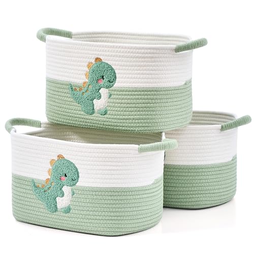 Woven Baskets, 3-Pack Storage Basket for Living Room, Bedroom, Nursery, Stylish Gift Basket with Handles, Cotton Rope Basket for Toys and Shelves, Multi-Purpose Organizer, Green Dinosaur - color: Green Dinosaur