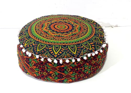 CRAFT KALA Large Hippie Mandala Meditation Floor Ottoman Pillow Cushion Pouf Cover Square Poufs Bohemian Circle Floor Cushion Case Outdoor Fireplace Yoga Living Room Decor Cover New Blue, 18" Round - color: New Blue, size: 18"D x 18"W x 5"H