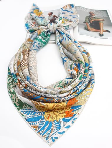 ANDANTINO 100% Silk Scarf 43" Large Square Lightweight Headscarf& Shawl–Women Hair Wraps-With Gift Packed - color: Beige&blue