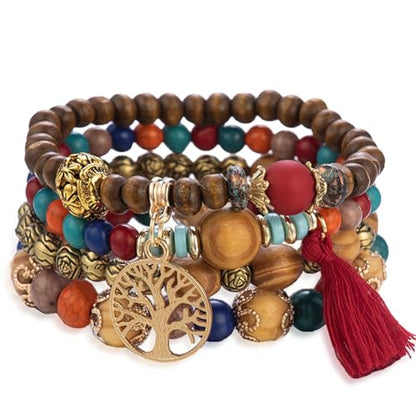 Stackable Stretch Bracelets for Women Tree of Life Bead Bracelet Boho Jewelry - color: 1-Tree-Deep Color