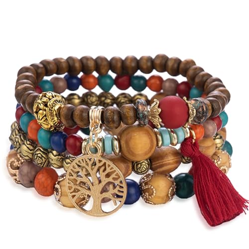 Stackable Stretch Bracelets for Women Tree of Life Bead Bracelet Boho Jewelry - color: 1-Tree-Deep Color