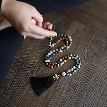 COAI Hand Knotted Tassel 108 Mala Beads Stone Beaded Necklace for Yoga Meditation - style: Multi-Color Stone