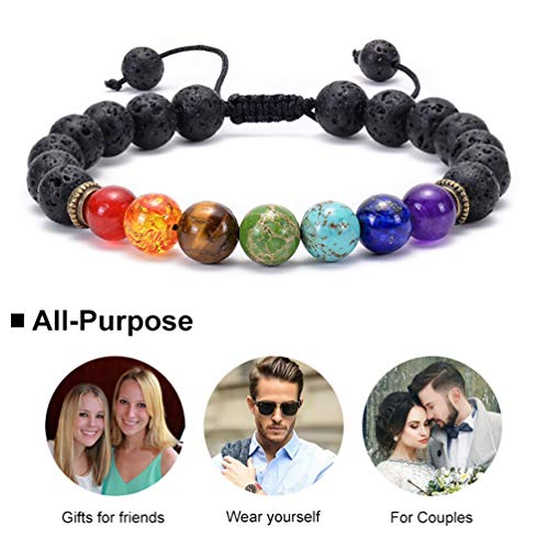 GelConnie Lava Rock Chakra Bracelet 7 Chakra 8mm Natural Stone Healing Bracelet Stress Relief Yoga Beads Anxiety Bracelet Aromatherapy Essential Oil Diffuser Bracelet Bangle - color: Black