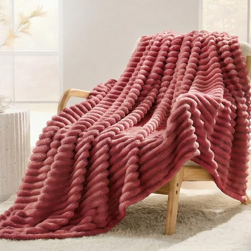 Rose Red Striped Queen Size Blanket, 330GSM Soft Plush Fleece Blanket for Couch Sofa Bed, Decorative Cozy Giftable Home Blanket, 90x90 Inches - color: Rose Red, size: Queen(90"x90")