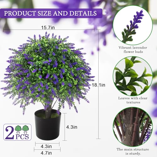 2 Pcs Artificial Lavender Topiary Ball Trees Potted Plants, UV Resistant Fake Lavender Topiary Plant Purple Trees for Garden, Front Door Porch and Outdoor Decor (Purple, M)