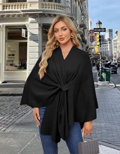PULI Women's Elegant Shawl Wraps Soft Open Front Poncho Sweater for Spring Fall Winter - color: Front Tab-black