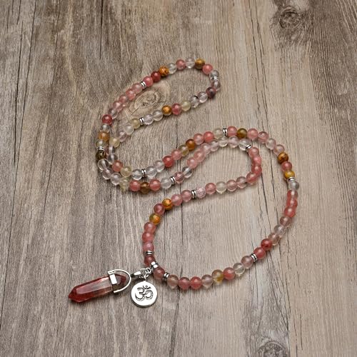 Natural Japa Mala 108 Beads Bracelet Necklace Meditation Accessories with om Chram and Reiki Quartz Hexagonal Prism Pendant - style: Watermelon Tourmaline