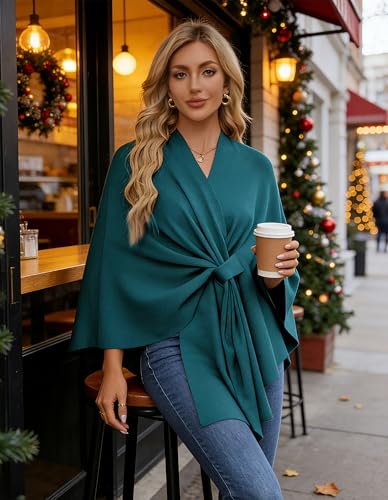 PULI Women's Elegant Shawl Wraps Soft Open Front Poncho Sweater for Spring Fall Winter - color: Front Tab-dark Cyan