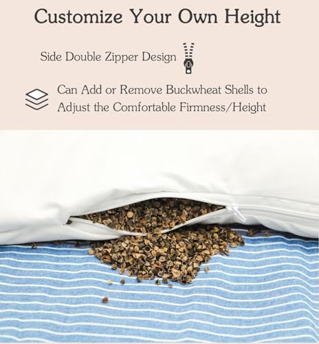 Buckwheat Pillows for Sleeping, Adjustable Hulls Firm Pillow Neck Head Back Shoulder Support for Pain Relief, Small Bed Pillow for Side Back Sleepers, Blue 19"X11"
