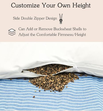 Buckwheat Pillows for Sleeping, Adjustable Hulls Firm Pillow Neck Head Back Shoulder Support for Pain Relief, Small Bed Pillow for Side Back Sleepers, Blue 19"X11"