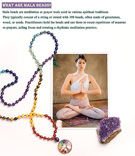 Bivei 108 Mala Beads Necklace Life Tree 7 Chakra Wrap Bracelet Real Healing Gemstone Yoga Meditation Hand Knotted Mala Prayer Bead Necklace - color: 7 Chakras Stone, size: 8mm