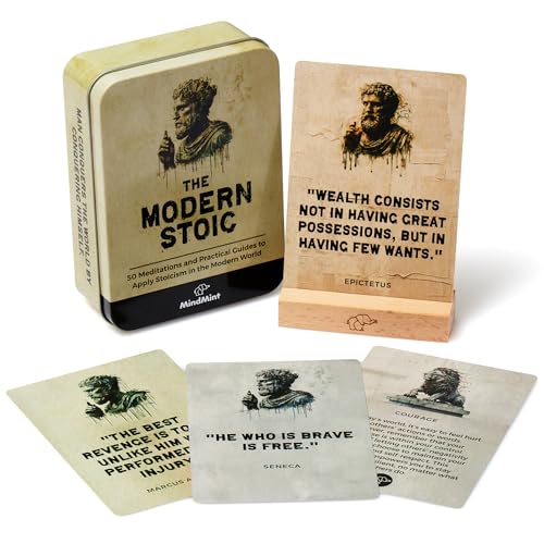 Daily Stoicism Affirmation Cards - 50 Stoic Life Change Quotes, Philosophy Gift for Men in Tin Box with Wood Stand - Desk Accessories Office Decor for Men - Inspirational & Motivational Cards - color: Classic Stoics