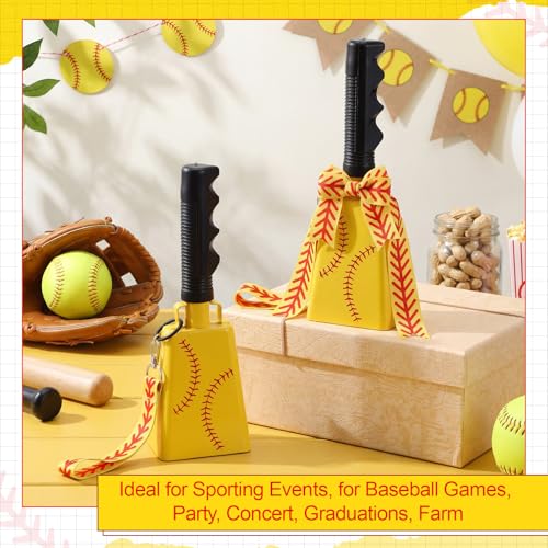 2 Pack Cow Bells with Handle & Wrist Strap Ribbon Bows Loud Cowbell Noise Makers for Sporting Events, Games, Cheer, Graduations, Team(Softball)
