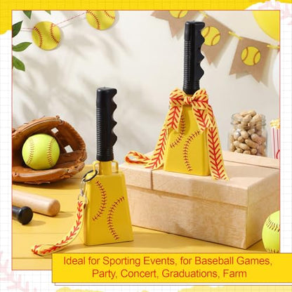 2 Pack Cow Bells with Handle & Wrist Strap Ribbon Bows Loud Cowbell Noise Makers for Sporting Events, Games, Cheer, Graduations, Team(Softball)