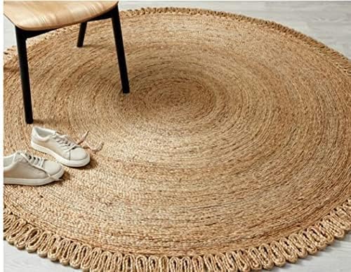 Handwoven Jute Area Rug 4 feet Round Natural Fiber Boho Soft Braided Rustic Vintage Beige Reversible Eco Friendly Rugs Farmhouse Indoor Outdoor Kitchen Bedroom Living Room Hallways (4'ft Round) - color: Natural- 05, size: 4' (Round)