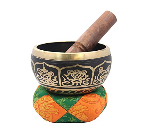 Tiebtan Yoga Meditation 8 Lucky Symbols Singing Bowl / Silk Cushion / Rosewood Mallet Set