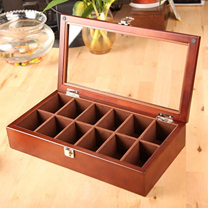 Large Solid Wood Storage Box with 12 Compartments and Glass Lid - Multi-Functional Organizer for Home, Office, Crafts, and Toys - size: red