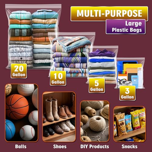Extra Large 5 Gallon Zippered Plastic Bags for Storage- 18'' x 24'', Ideal for Clothes Clothing, Travel, Moving, 2-mil Thick Clear Plastic, 10 pack - size: 5 gal-10 pack