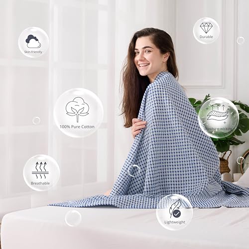 Lightweight Cotton Waffle Throw Blanket, Modern Two-Tone Check Pattern, Soft & Breathable for Bed, Couch, Sofa, All Seasons –Navy Blue/White, 50"x60" - color: Navy/White, size: Throw