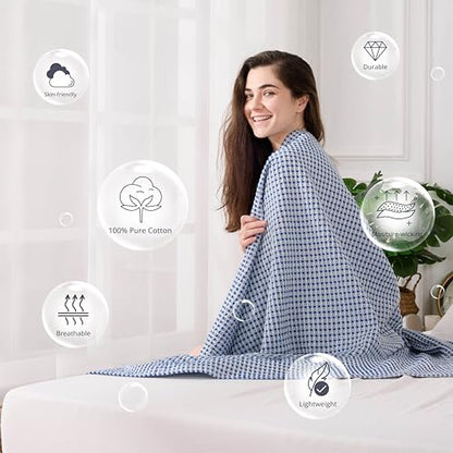 Lightweight Cotton Waffle Throw Blanket, Modern Two-Tone Check Pattern, Soft & Breathable for Bed, Couch, Sofa, All Seasons –Navy Blue/White, 50"x60" - color: Navy/White, size: Throw