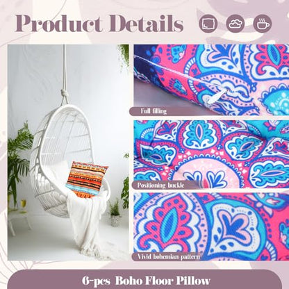 Menkxi 6 Pcs Bohemian Floor Pillows Seating 15 Inch Boho Floor Cushions Sitting Pillows Square Yoga Mandala Meditation Pouf for Living Room Balcony Office Tatami(Stylish) - color: Stylish