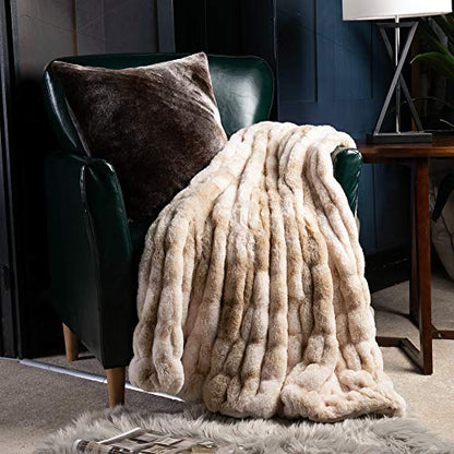 BATTILO HOME Ruched Luxury Faux Fur Throw Blanket Beige Tie-dye Rabbit Fur Blanket for Couch, Living Room, Fuzzy, Soft, Plush, Cozy, Elegant with Reversible Mink Blanket Beige, 60"x80" - color: Beige, size: 60"x80"