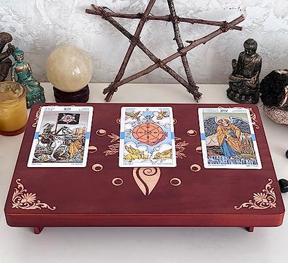 Altar Table, Meditation Table, Small Altar Table, Wooden Witch Altar, Wiccan Alter Table, Buddhist Shrine, Engraved Spiral Goddess on Table Top, 12 × 8 inches - color: Spiral Goddess