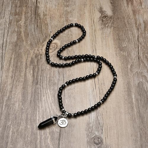 Natural Japa Mala 108 Beads Bracelet Necklace Meditation Accessories with om Chram and Reiki Quartz Hexagonal Prism Pendant - style: Black Agate