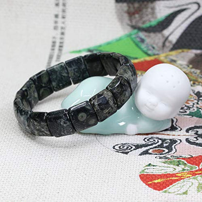 Keleny Gemstones Semi Precious 15mm Square Grain Faceted Beaded Stretch Bangle 7.5 Inch Unisex - color: Green Kambaba Jasper
